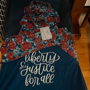 Lularoe Amber hoodie with floral print arms, hood and back bodice. Size Med NWT